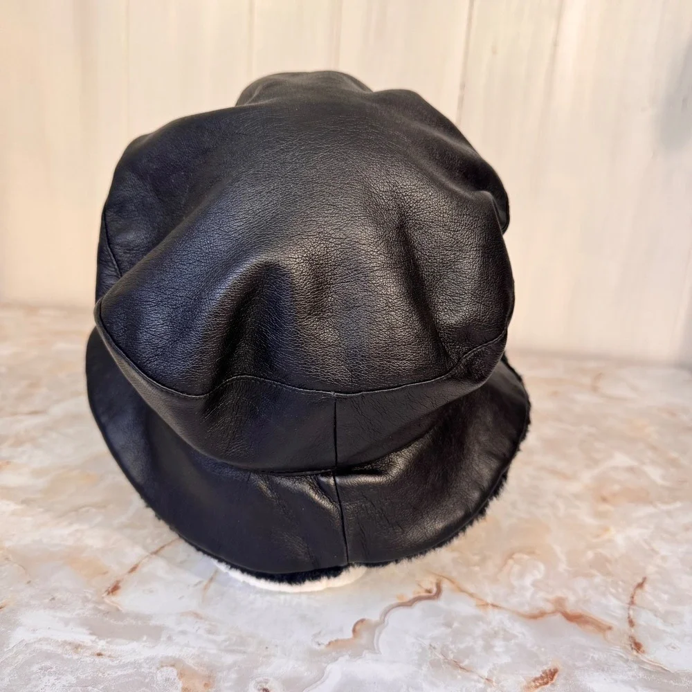 Faux Leather Bucket Hat Women Black Faux Leather and Fur Trim Winter Retro Chic